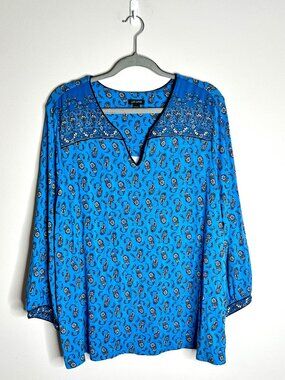 J. Jill WearEver Collection Bright Blue Paisley Print Rayon Long Sleeve Tee 2X